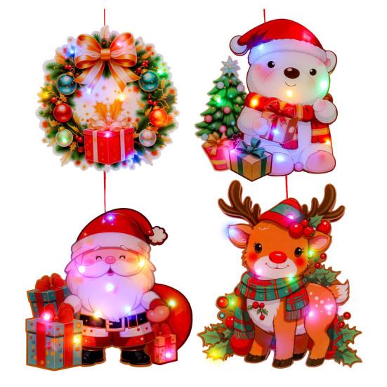 4Pcs/Set Christmas Ornament Set Santa Claus Reindeer Bear Wreath Shape Festive LED Ornament Set Holiday Decoration
