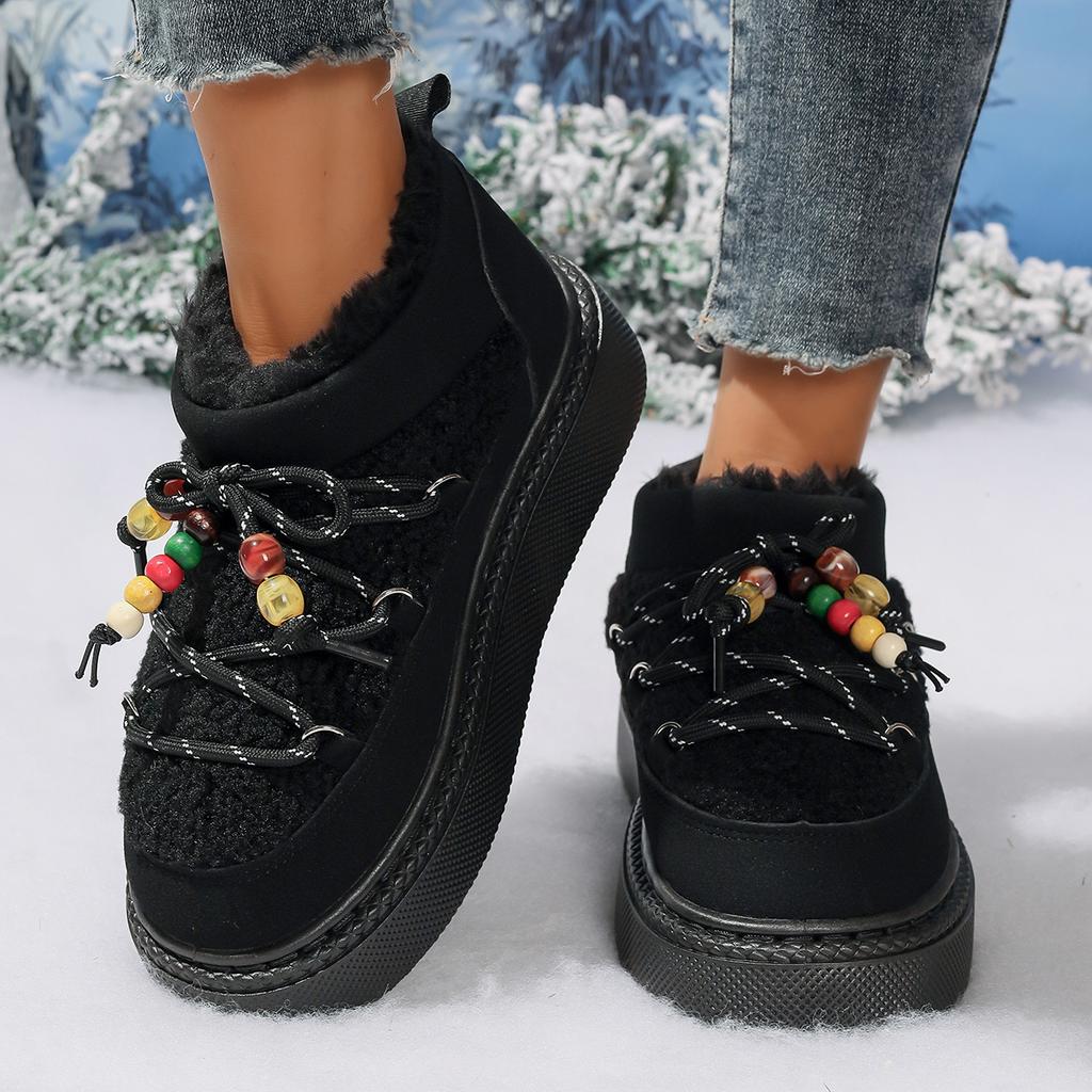 Mode Lässige Kurze Plüsch Damen Schneestiefel 2025 Winter Böhmische Farbige Perlen Schnürstiefeletten aus Kunstfell Dicke Sohle Pelzige Schuhe
