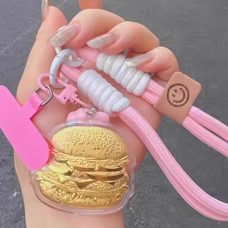 Gold Keychain Gift Set: Hamburger, Fries, Milk Tea, 20mg Pendant, Mobile Phone Lanyard Bag for Best Friend/Partner