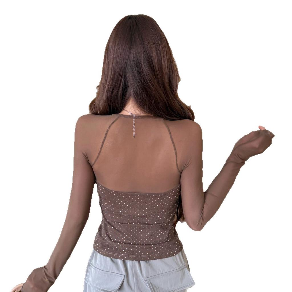 #Summer New Pure Desire Wind Full Diamond Splicing Mesh Long-sleeved T-sleeved Slim and Thin Integrated Woman with Chest Pad