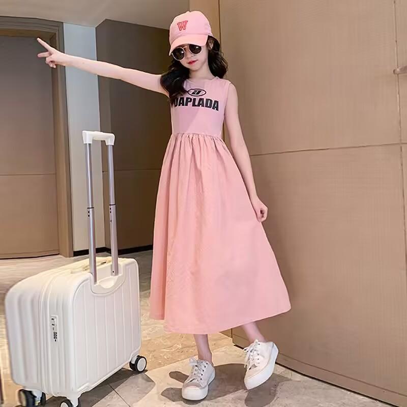 Girls Korean Version of The Western Style Solid Color Sleeveless Dress Children's Summer Fashionable Letter Casual Princess Dress