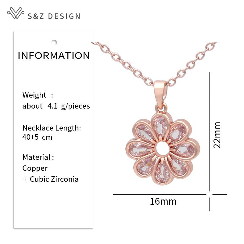 Fashion Elegant Rose Gold Color Flowers Cubic Zirconia Pendant Necklace For Women Romantic Jewelry Gift