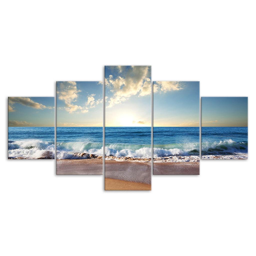 Ocean Beach Sea View Horizon Over Water Canvas 5 Piece Five Panel Wall Print Modern Art Poster Picture Home Decor Gift For Him For Her