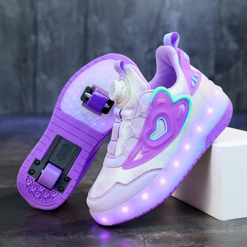 Kinder-Sneaker für Mädchen mit zwei Rollen, leuchtend, pink, LED-Licht, Rollschuhe, USB-Ladefunktion