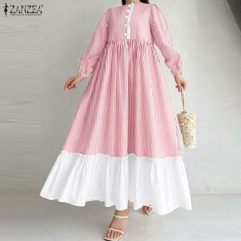 ZANZEA Women Stripe Print Loose Casual Long Sleeve Splice Long Dress