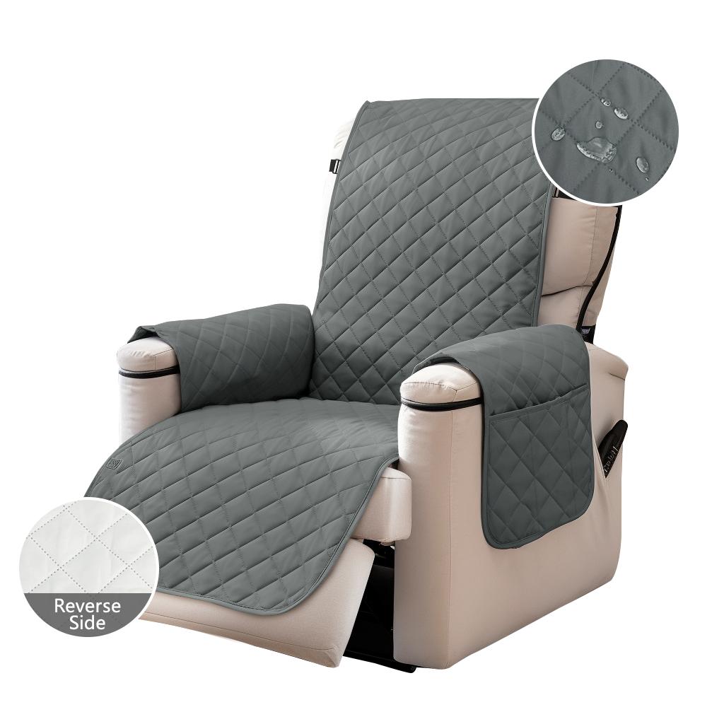Reversible Quilted Recliner Cover Waterproof Nonslip Chair Slipcovers with Elastic Straps and Pockets for Living Room Pets Kids