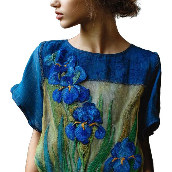 Women Tops Round Neck Short Sleeve Retro Floral Art Print Pullover Tops Loose Fit Soft Fabric Casual Summer Shirt