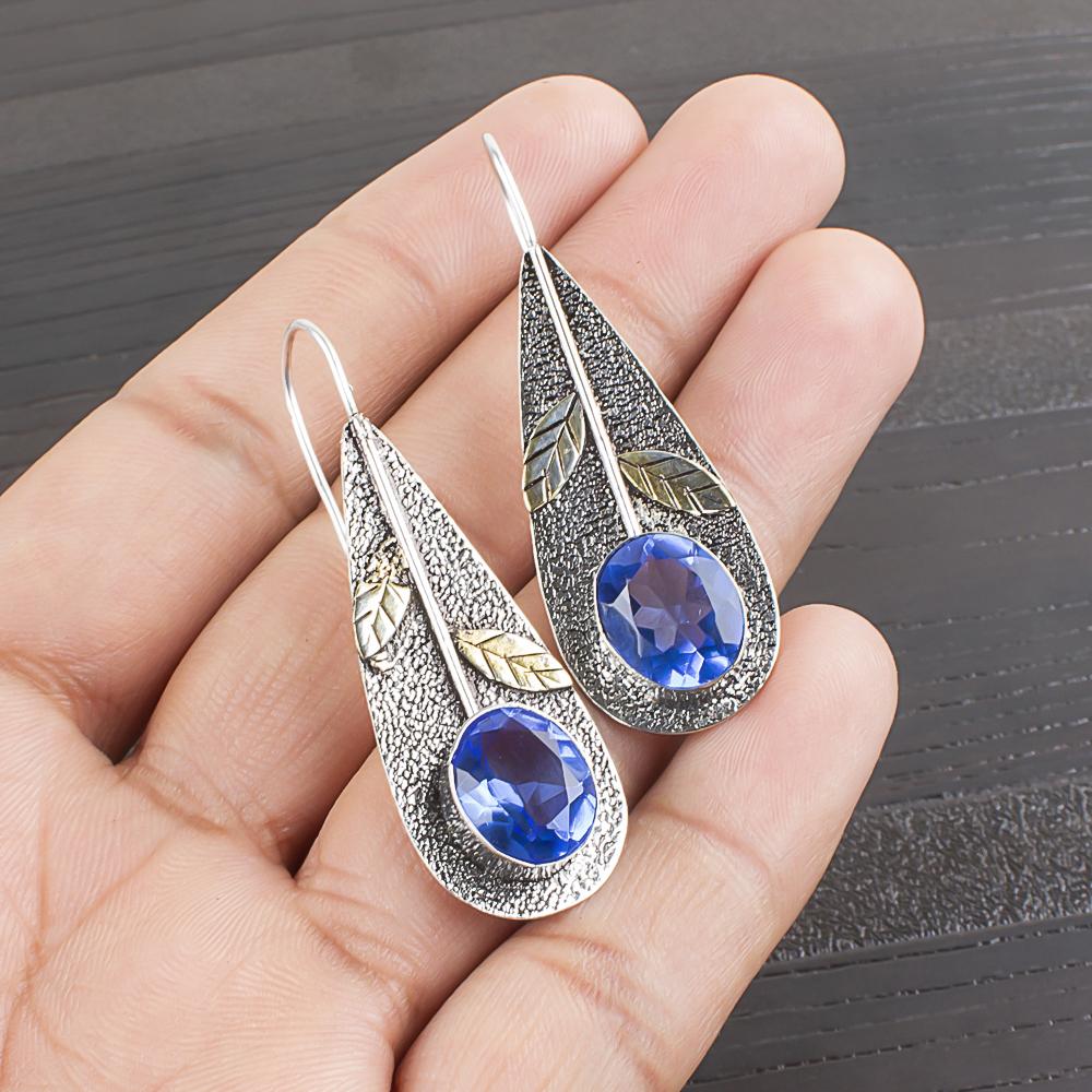 

Серьги ручной работы с драгоценными камнями танзанит, серьги из цельного серебра 925 пробы, антикварные ювелирные изделия, серьги для подарка на помолвку 2.00 Inches синий