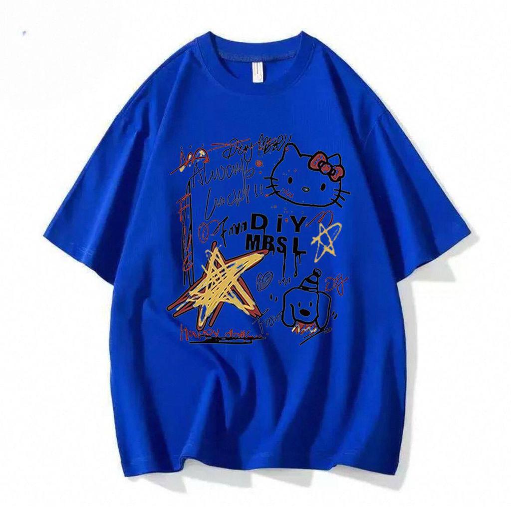 Cotton White Short-sleeved T-shirt Women's New HelloKitty Graffiti American Loose Fat MM Half-sleeved Top