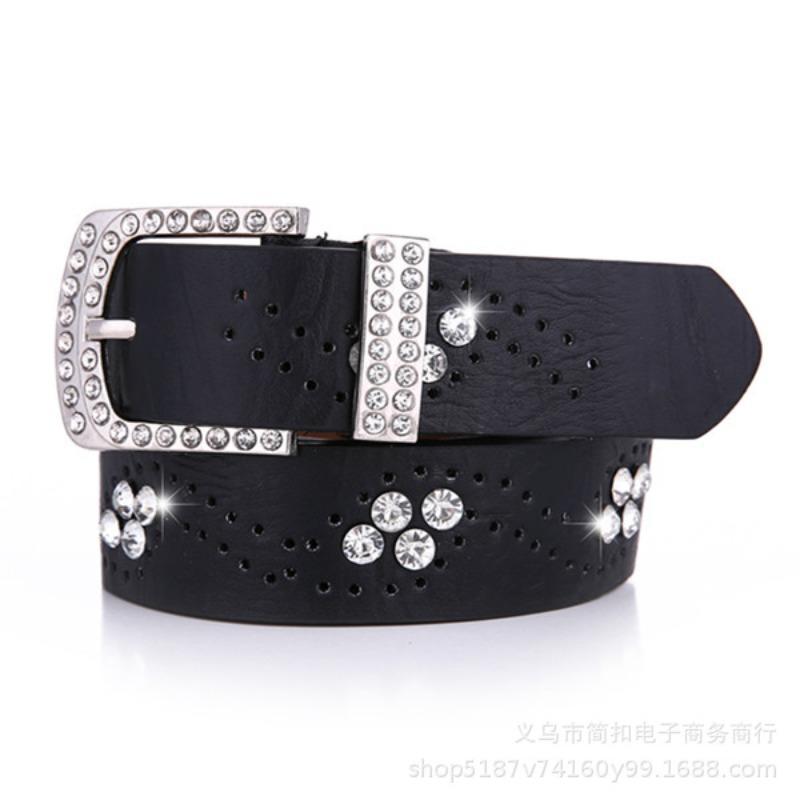 Diamond belt, women's genuine leather pure cowhide pants belt, wide diamond-encrusted, cut out genuine leather