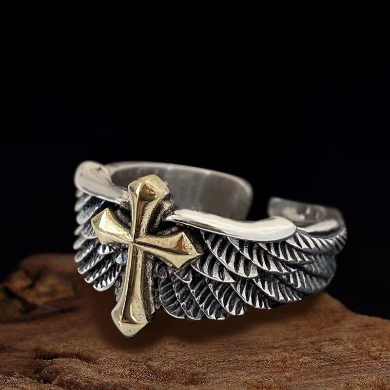 Retro Cross Feather Graffiti Ring For Men Punk Gothic Adjustable Ring Handmade Rock Hiphop Unisex Zircon Accessories Man Gift