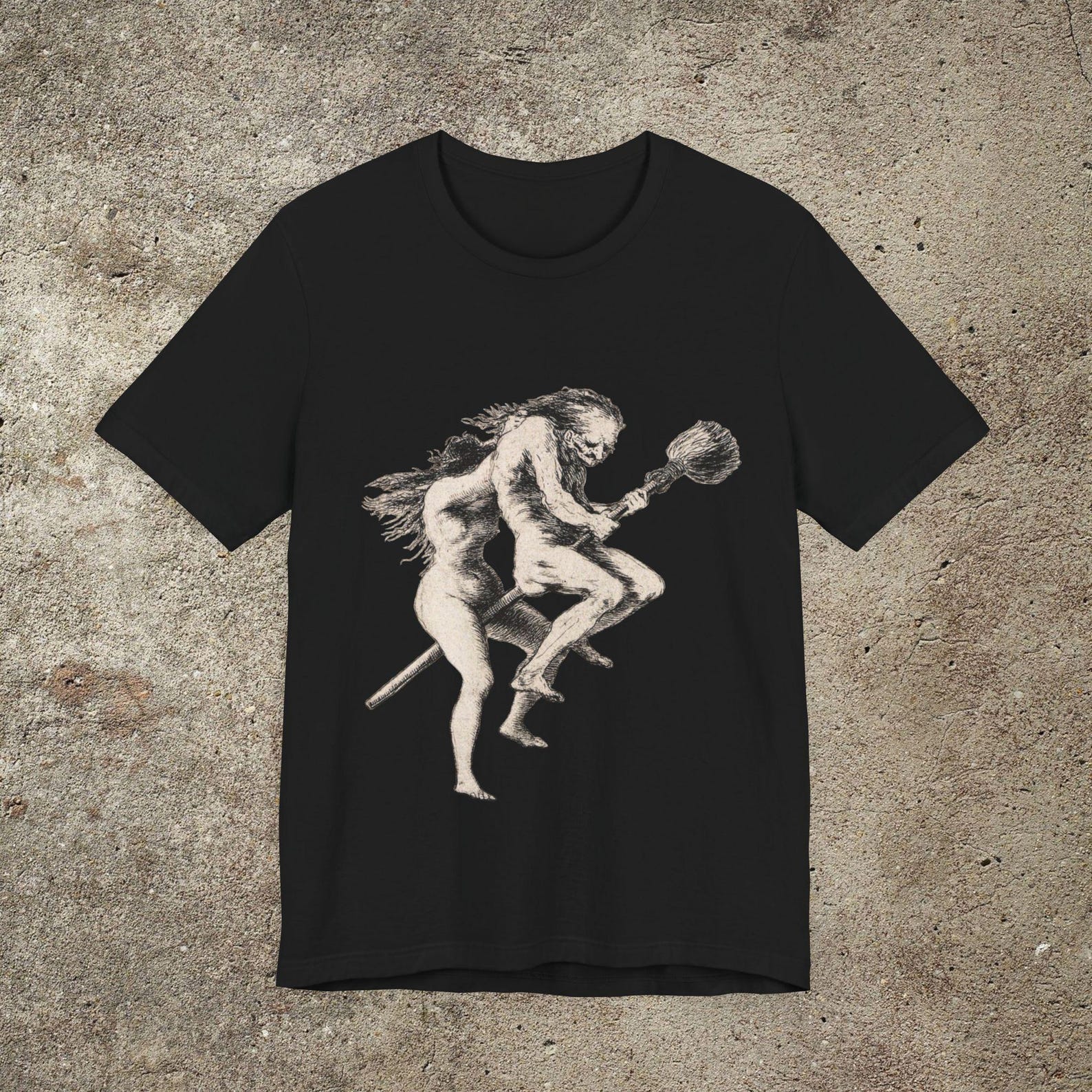 Goya Witches on the Broom Tee, Occult Satire Graphic, Unisex Dark Gothic Shirt S