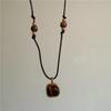 Vintage Leather Brown Stone Sun Pendant Beaded Choker Clavicle Chain Necklace For Women Unique Y2K Personalized Grunge Jewelry