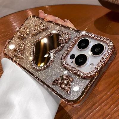 Heart Make Up Mirror Case For iPhone 16 Pro Max 15 Plus Plating Butterfly Cover For iPhone 14 Pro 13 12 11 Glitter Diamond Case