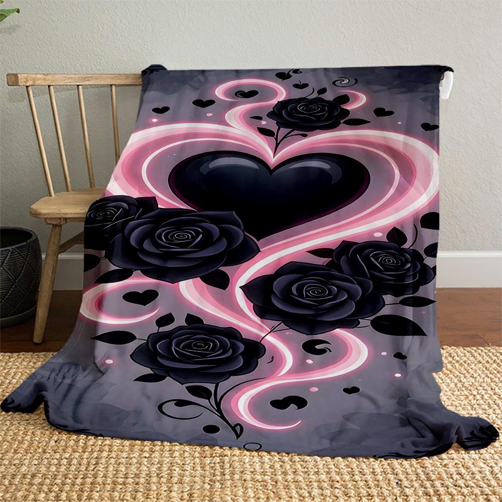 1pc Heart Roses Outdoor Flannel Blanket Soft Warm All-Season Throw for Sofa Bed Car Camping Office, Cozy Gift Idea1275S