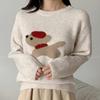 Navava Women Cute Dog Embroidery Long Sleeve Knit Top Nk2375h