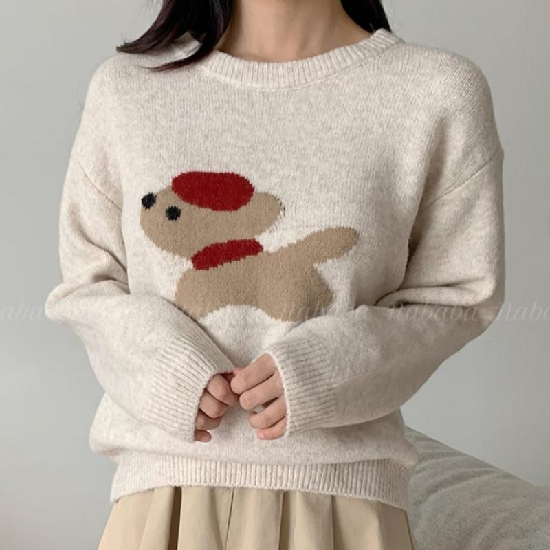 Navava Women Cute Dog Embroidery Long Sleeve Knit Top Nk2375h