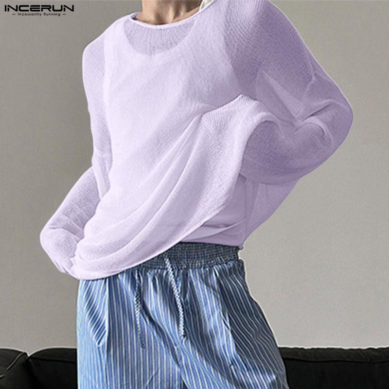 INCERUN Bărbați de primăvară cu mânecă lungă Topuri goale Casual See Through Pulovere tricotate