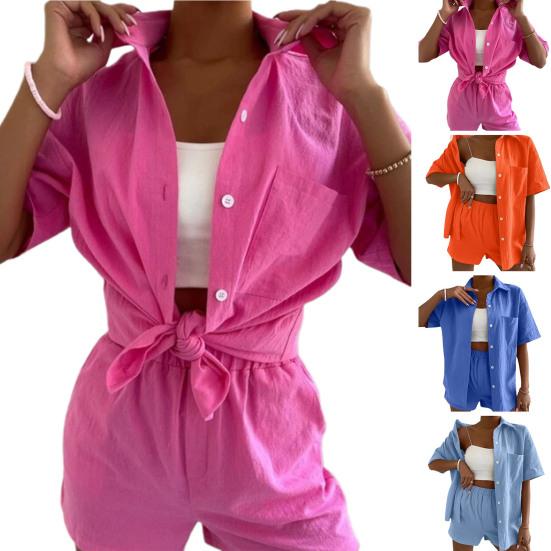 Tuta da donna tinta unita maniche corte casual monopetto cavallo profondo camicetta estiva pantaloncini set abbigliamento quotidiano