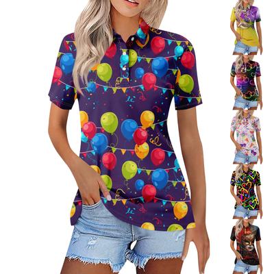 Women's Casual Floral Print V-Neck Short Sleeve Decorative Button T-Shirt Top