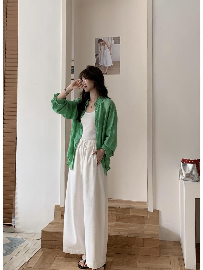 Ting Lan White Cow Elastic Loose Wide-Leg Slimming Casual Nine-Point Pants