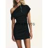 Fall New Women's Clothing French Pleated Decoration Silm Asymmetric Collar Short Sleeve Short Dress 8690210