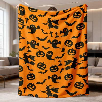 1pc Bohemian Spooky Flannel Blanket Suitable for Bed, Sofa & Camping - Soft Witches, Jack-O'-Lanterns, Bats & Ghosts Throw, Cozy Orange & Black Decor,