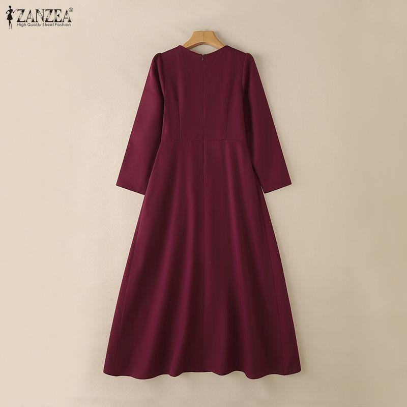 ZANZEA Damen Freizeit Rundhals Langarm Locker Patchwork Langkleid