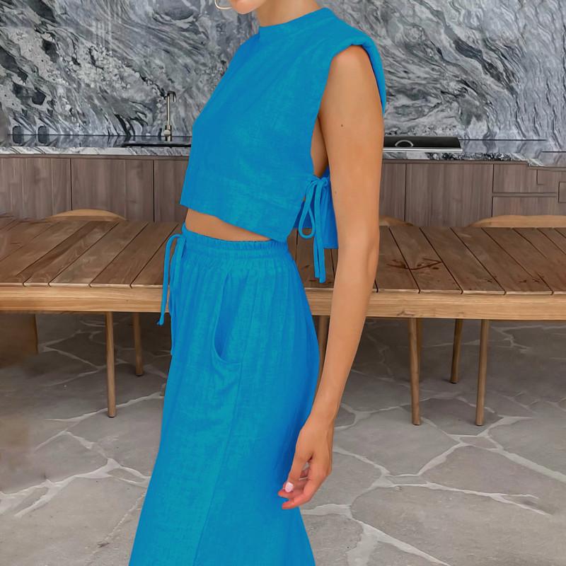 Fashion Cotton Linen Suit Women's Summer Shoulder Pads Sleeveless Top Trousers Two-piece Set