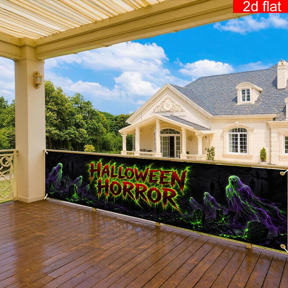 Halloween Yard Sign Party Banner, Spooky Cemetery Pattern, Polyester Outdoor Garden Courtyard Fence Decoration
