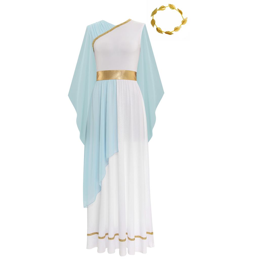 Damen Halloween Griechische Schönheits Kostüm Goldene Blätter Girlande Kopfschmuck Chiffon Kappenärmel Antikes Toga Kleid
