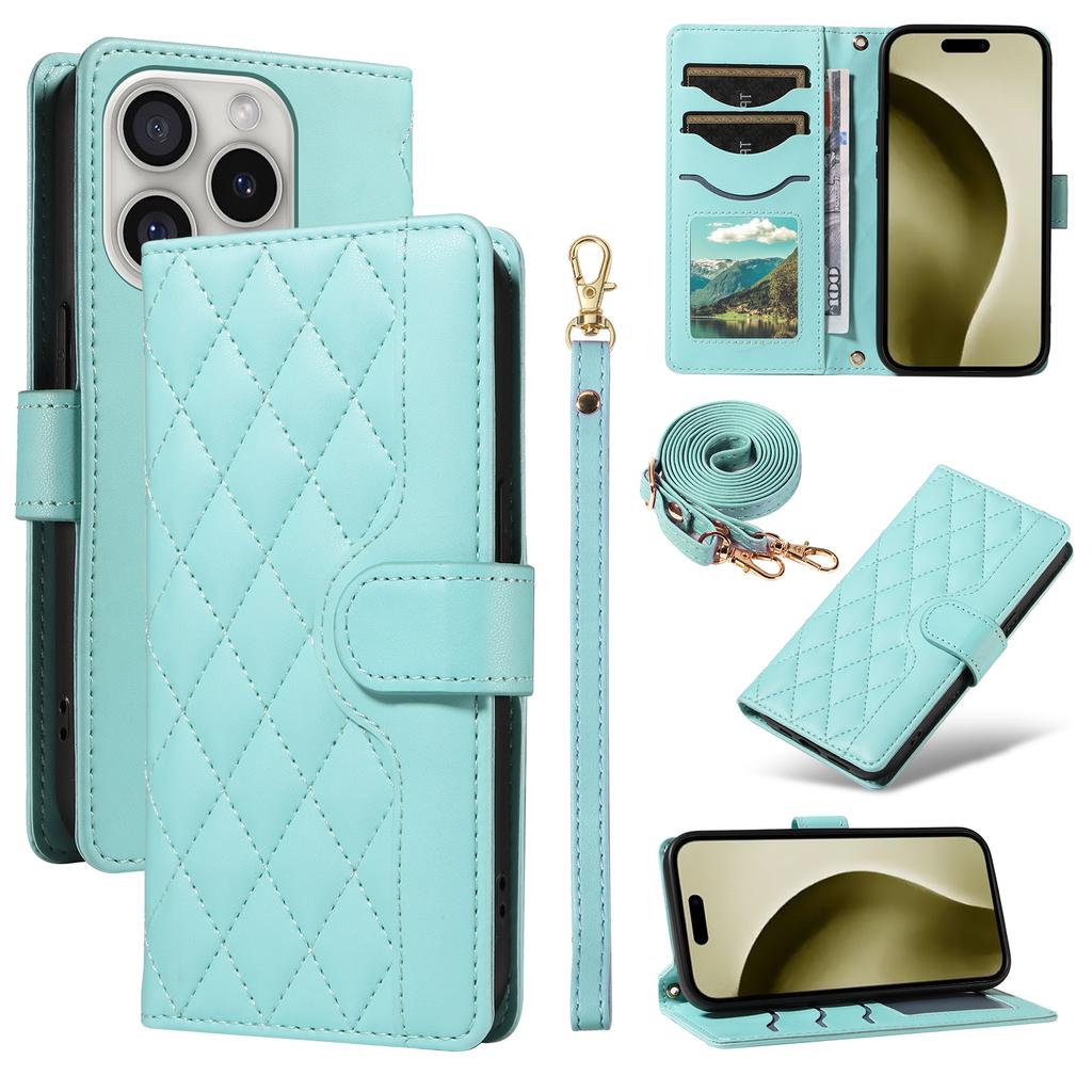 For iPhone 16 Pro Crossbody Case Rhombus Flip Leather Handbag Phone Cover