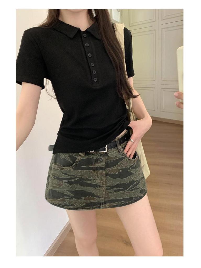 Women's Summer Slim Fit Polo Shirt - Short Sleeve, Button Collar, Straight Shoulder Design