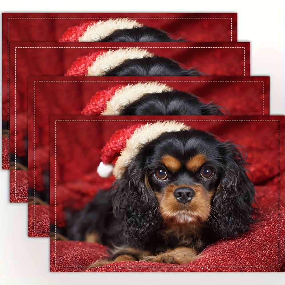 

Christmas Dog Santa Hat Placemat Linen Table Mat for Holiday Dining Kitchen Decor Pet Lover Gift Set of 4 4Pcs-30X45cm(12X18in
