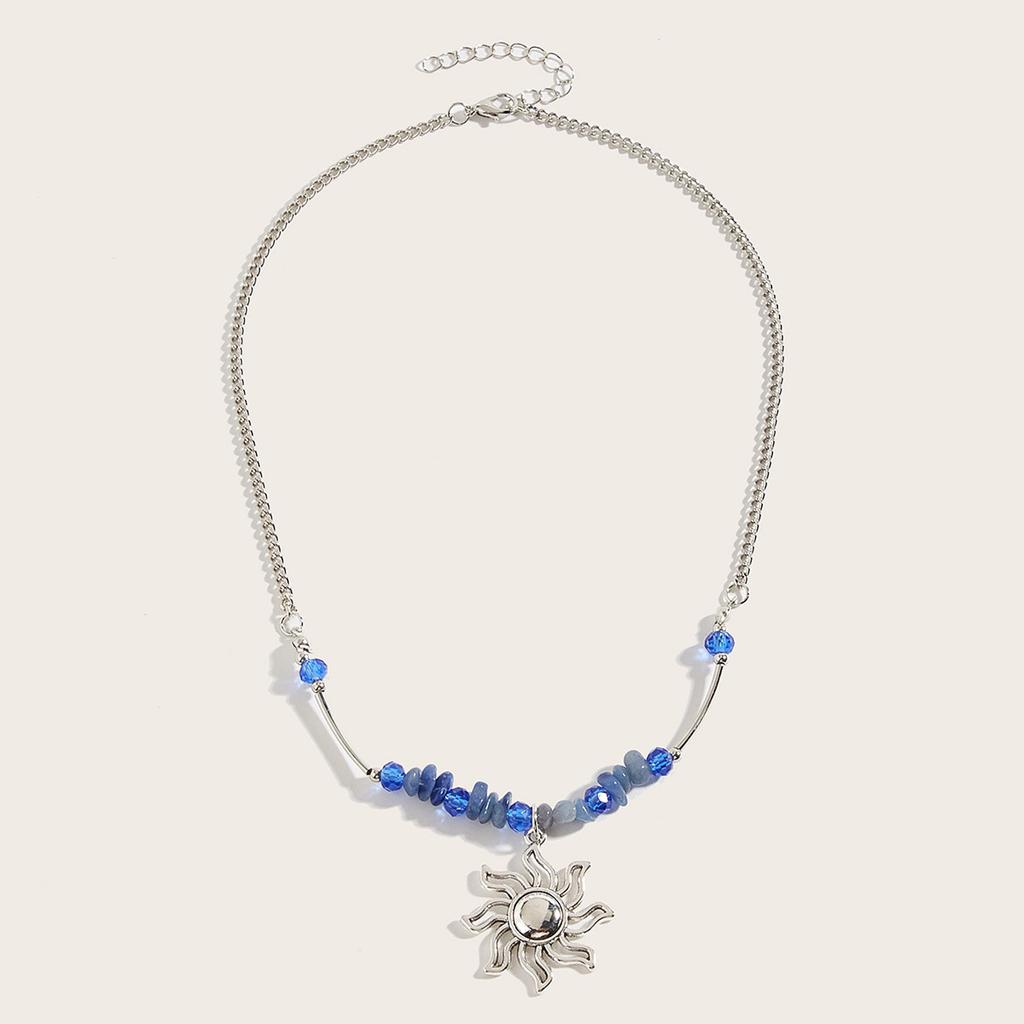 Bohemian Natural Stone Gravel Beaded Neck Chain Niche Temperament Sun Pendant Necklace
