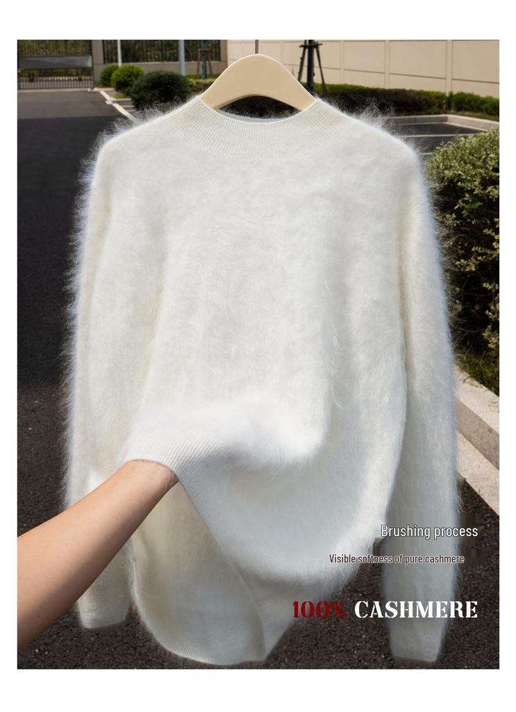 Women's 100% Pure Cashmere Brushed Long Sleeve Turtleneck Pullover Sweater - Loose Fit and Versatile