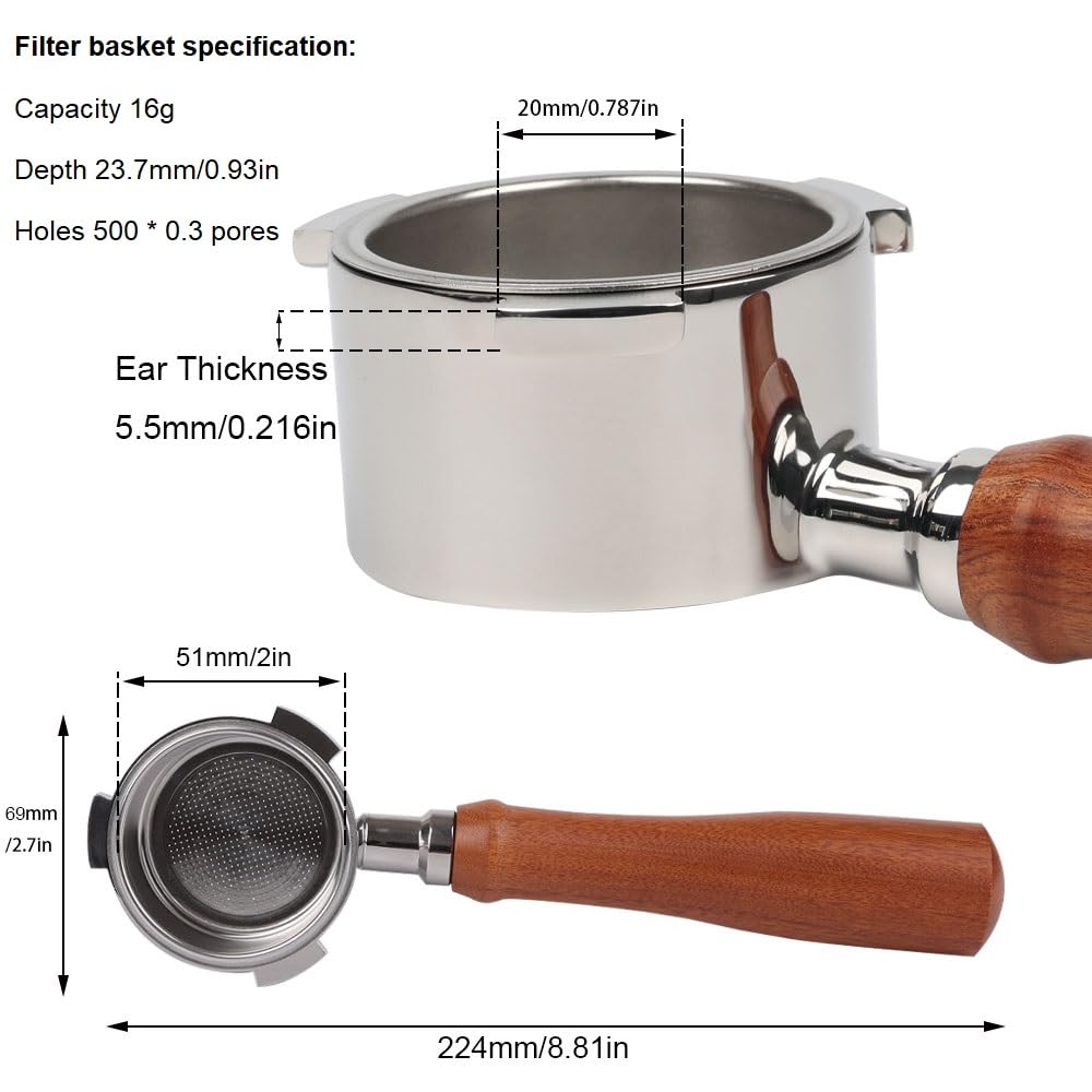 51mm Bottomless Portafilter 3 Year for DeLonghi Dedica EC680EC685EC785EC820EC850EC860EC885 with Double Shot Capacity Cup, Sieve Filter Basket