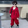 Chłopięcy Czerwony Jesienny Sportowy Zestaw Casualowy 2025: Modny i Przystojny Dwuczęściowy Zestaw Dziecięcy