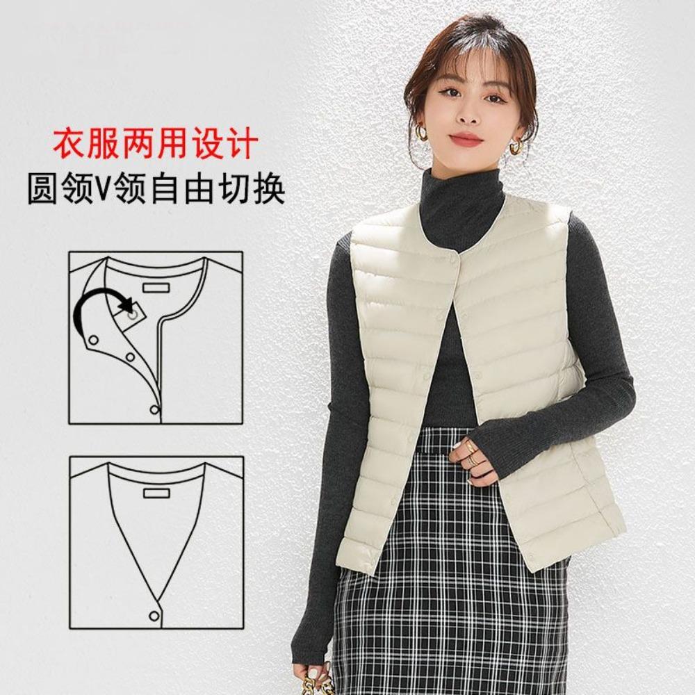 Women's V‑Neck Sleeveless White Duck Down Vest Regular Fit Commuter Layering Gilet