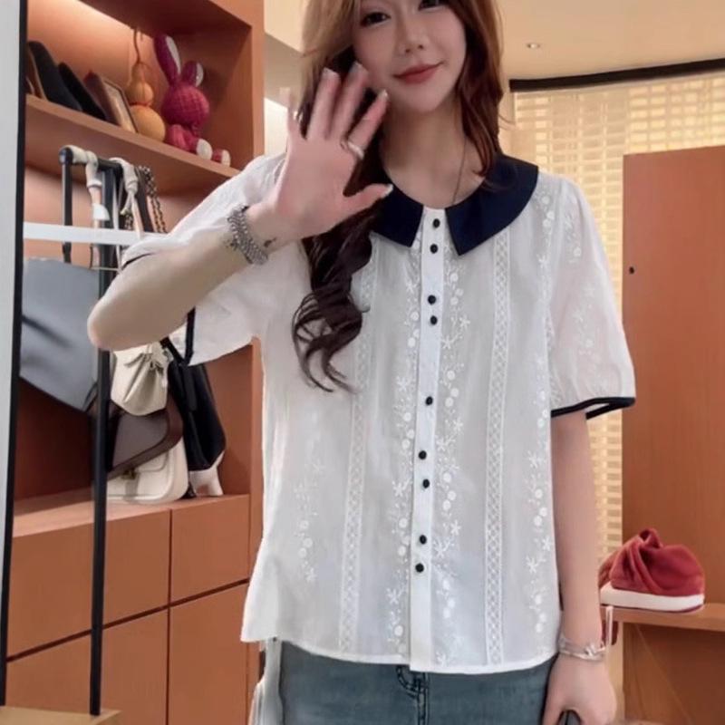 European Color-Block Peter Pan Collar Lace Embroidered Short-Sleeve Women’s Loose-Slimming Top
