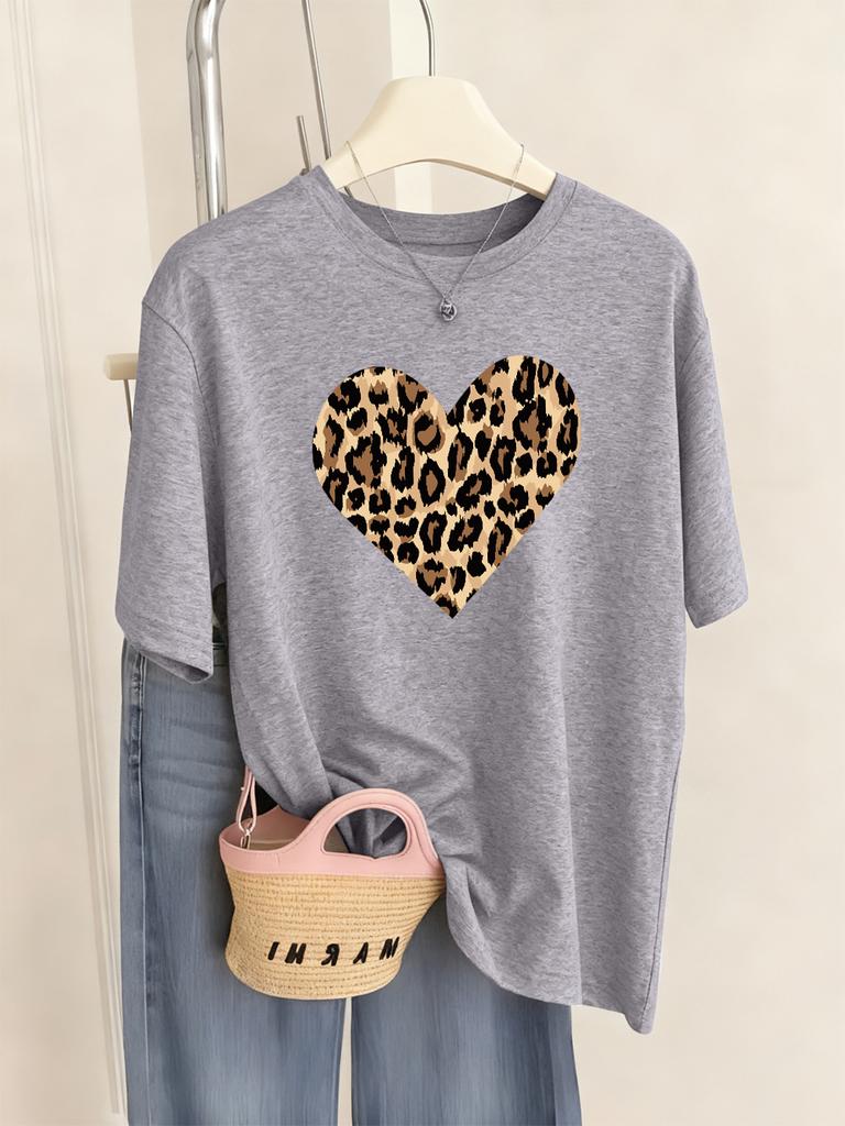 Leopard Heart Shape Printing TShirt Womens Basics Comfortable T Shirts Loose ONeck Short Sleeve Tops Summer Soft Woman Clothes