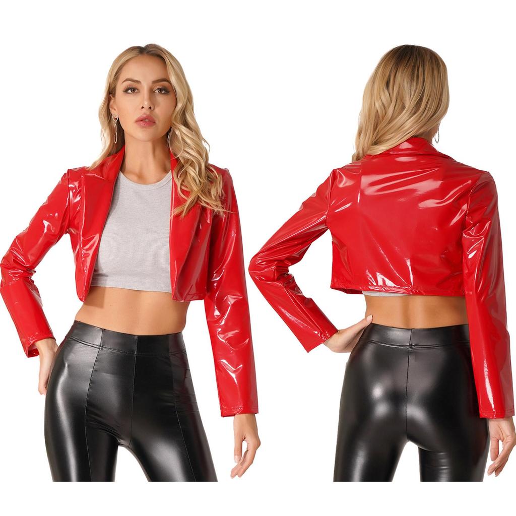 Womens PU Faux Leather Long Sleeve Jackets Slim Fit Party Coat Ladies Fashion Leather Jacket Dance Costume