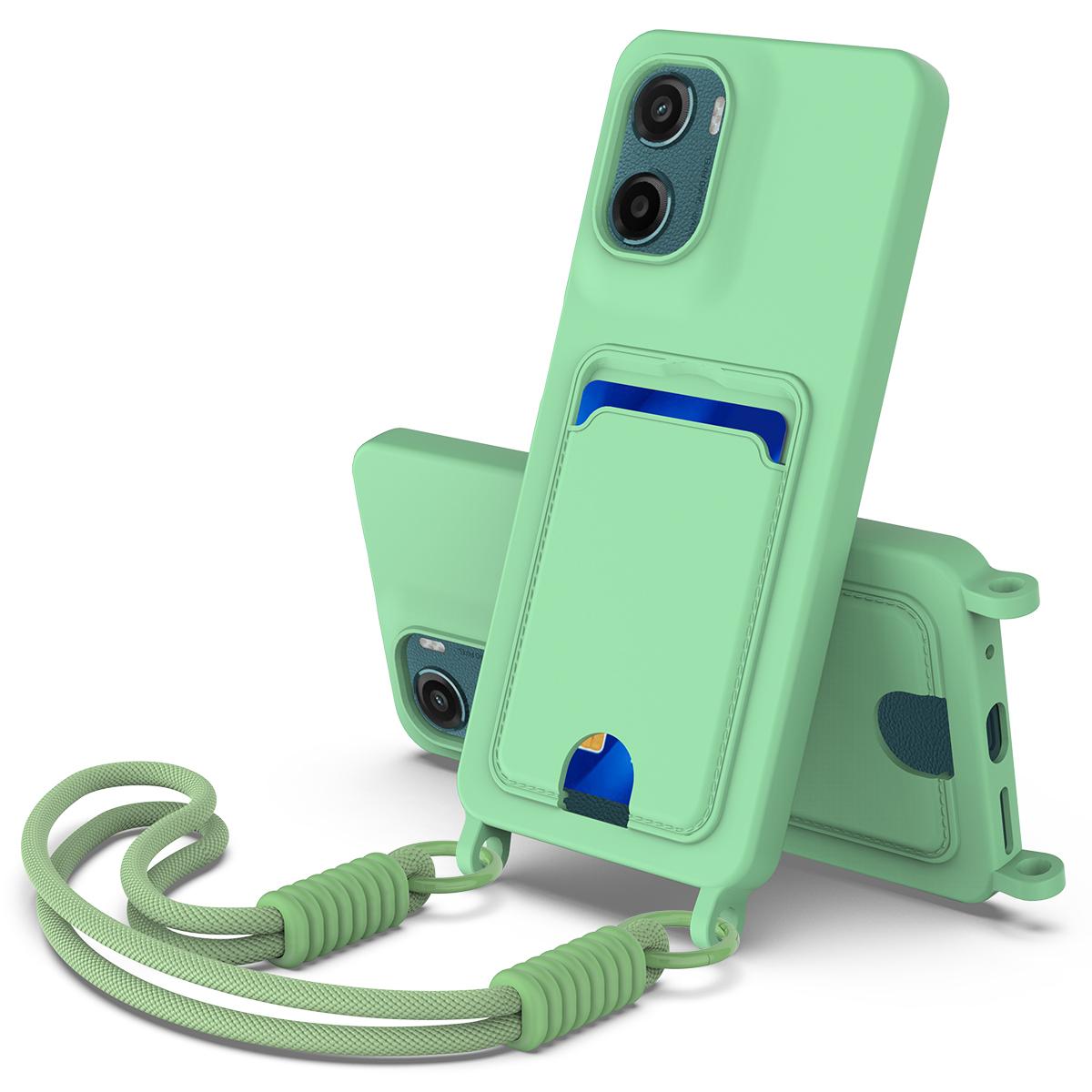 

For Motorola Moto G05 4G/E15 4G Liquid Silicone Case Phone Back Cover with Card Holder and Short Strap Green