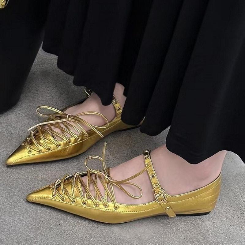 

Fashion Sexy Lace-up Bow Pointed Toe Heeled Sandals Women Summer New Elegant Thin Flat shoes Soft Leather Slingback Party Dress Shoes 35 золотой