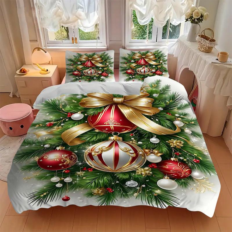 3pcs Elegant Christmas Ornaments Pattern Bedding Set, 1* Cover + 2*Pillowcases, Printed Bedding Set, Soft and Comfortable, Suitable for Bedr