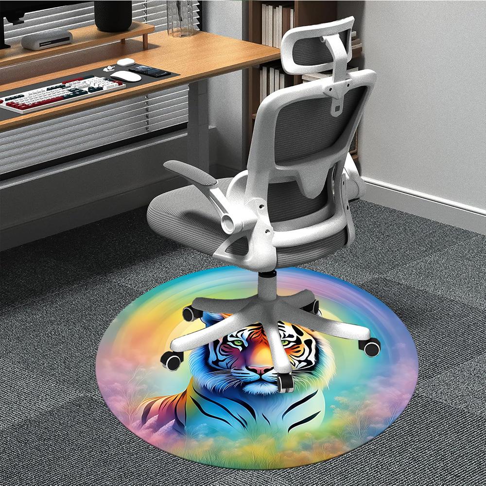 

1pc Rainbow Tiger Print Chair Carpet for Office, Round Polyester Mat, Indoor Decor for Office, Washable Non-slip Carpet yy251219067 80cm by 80cm