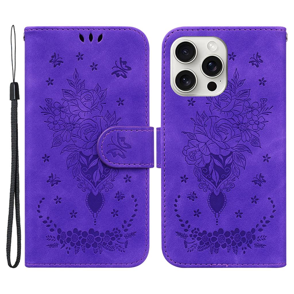 For iPhone 16 Pro Max Wallet Case PU Leather Phone Cover Butterfly Flower Imprint
