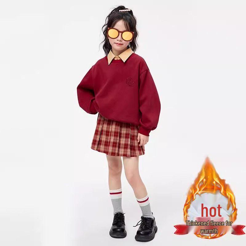 2026 Winter Girls  Plaid Two-Piece Suit: Velvet Top & Pleated Skirt 140cm