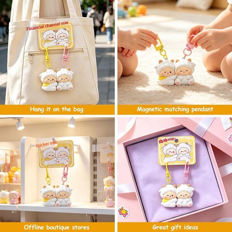 2Pcs Cute Matching Lamb Magnetic Keychain Adorable Cartoon Design For Bag Decor Couple Gifts