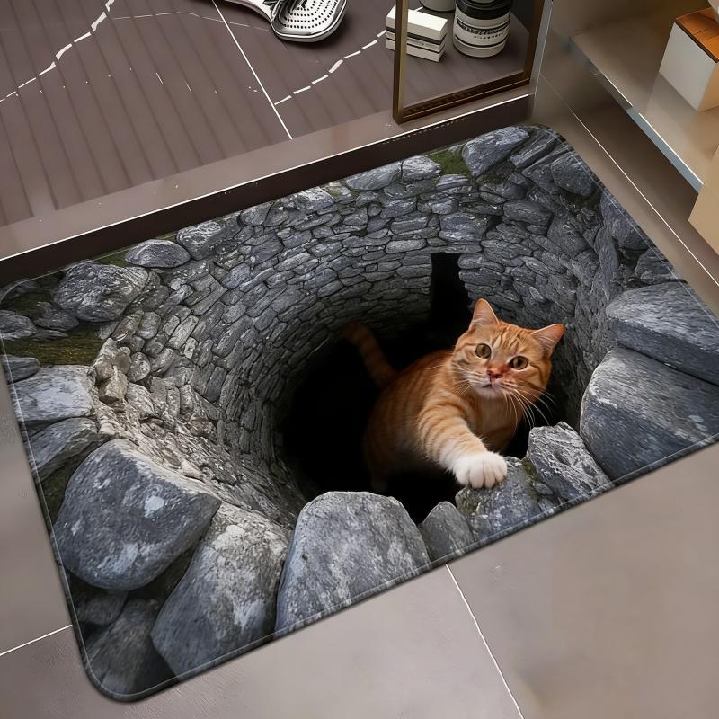 Cute Kitten Door Mat Stone Hole Water Well 2D Printed Carpet Endless Abyss Pattern Living Room Bedroom Decorative Floor Mat